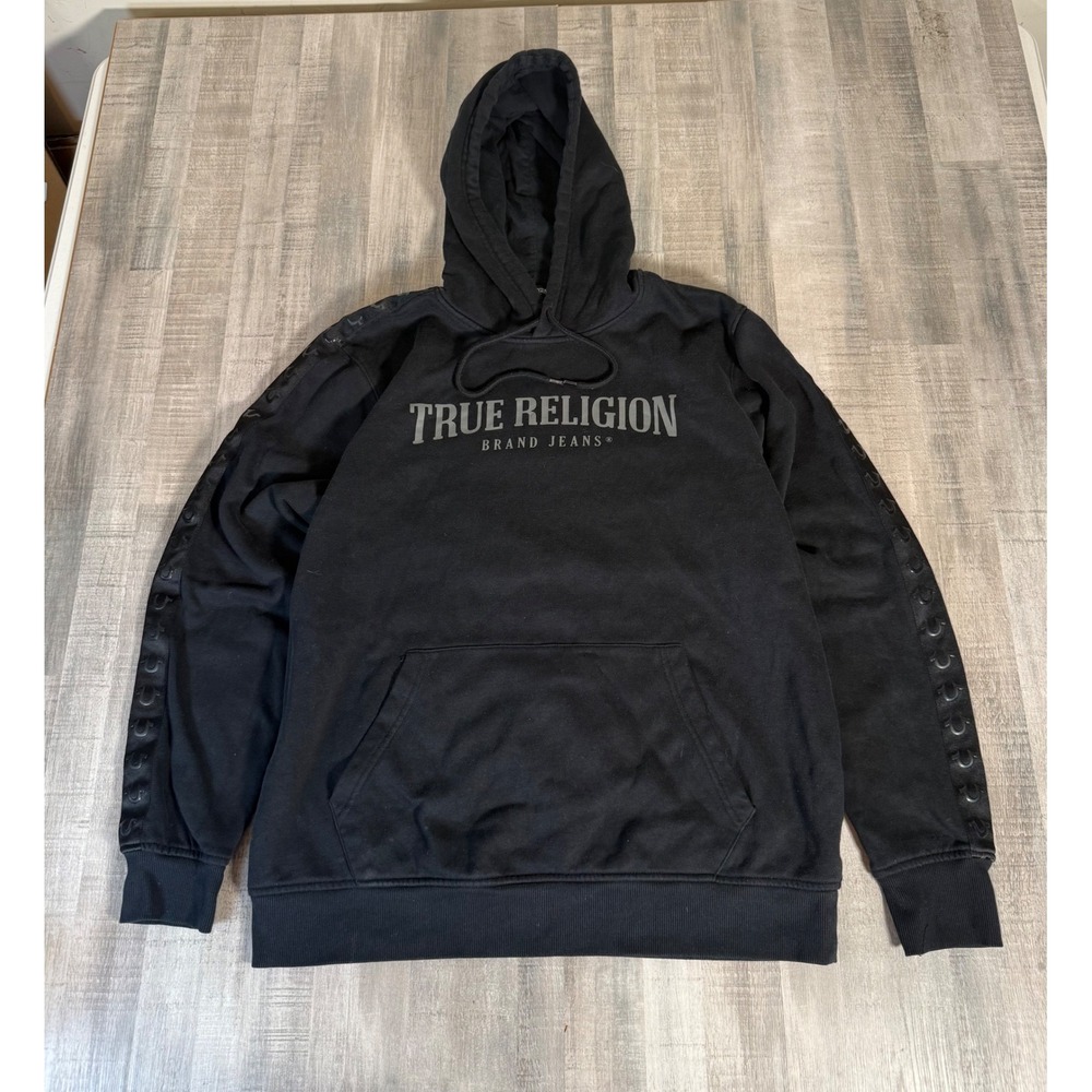 True Religion Mens Tonal Silicone Tape Logo Hoodie Black 2XL Pullover 700977 - Picture 1 of 12